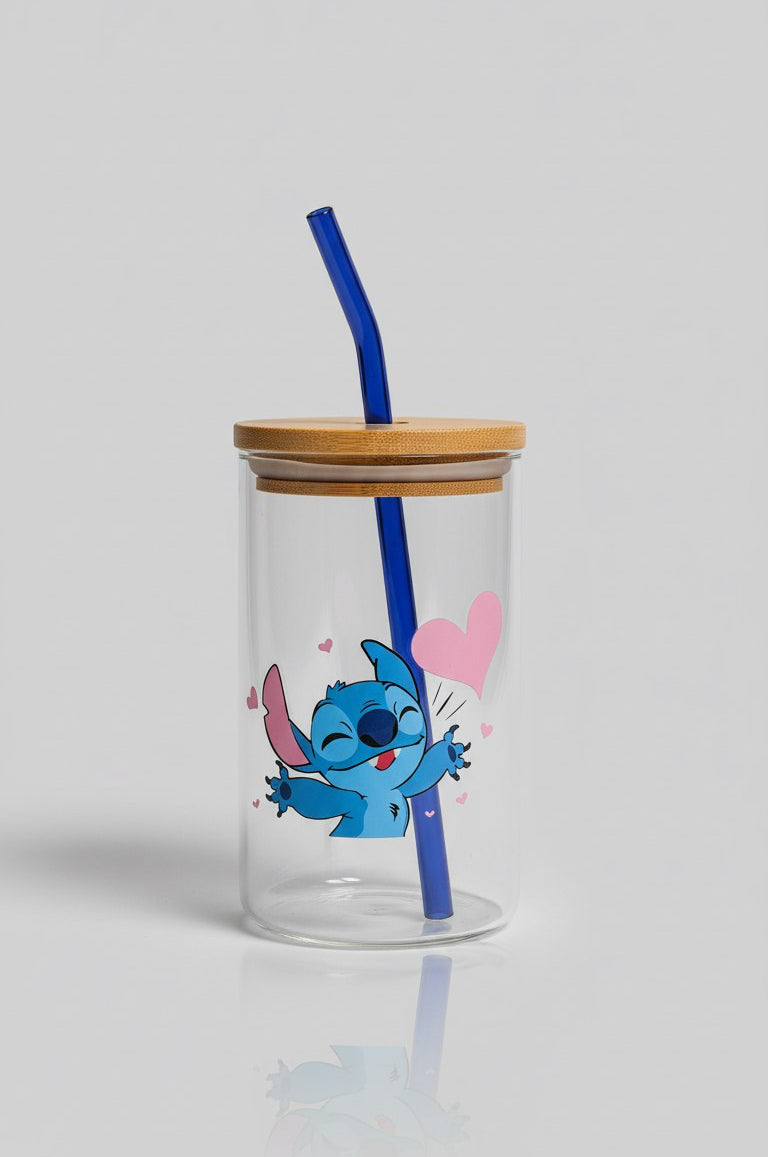 كوب ستيتش زجاجي بغطاء خشبي وشاليموه