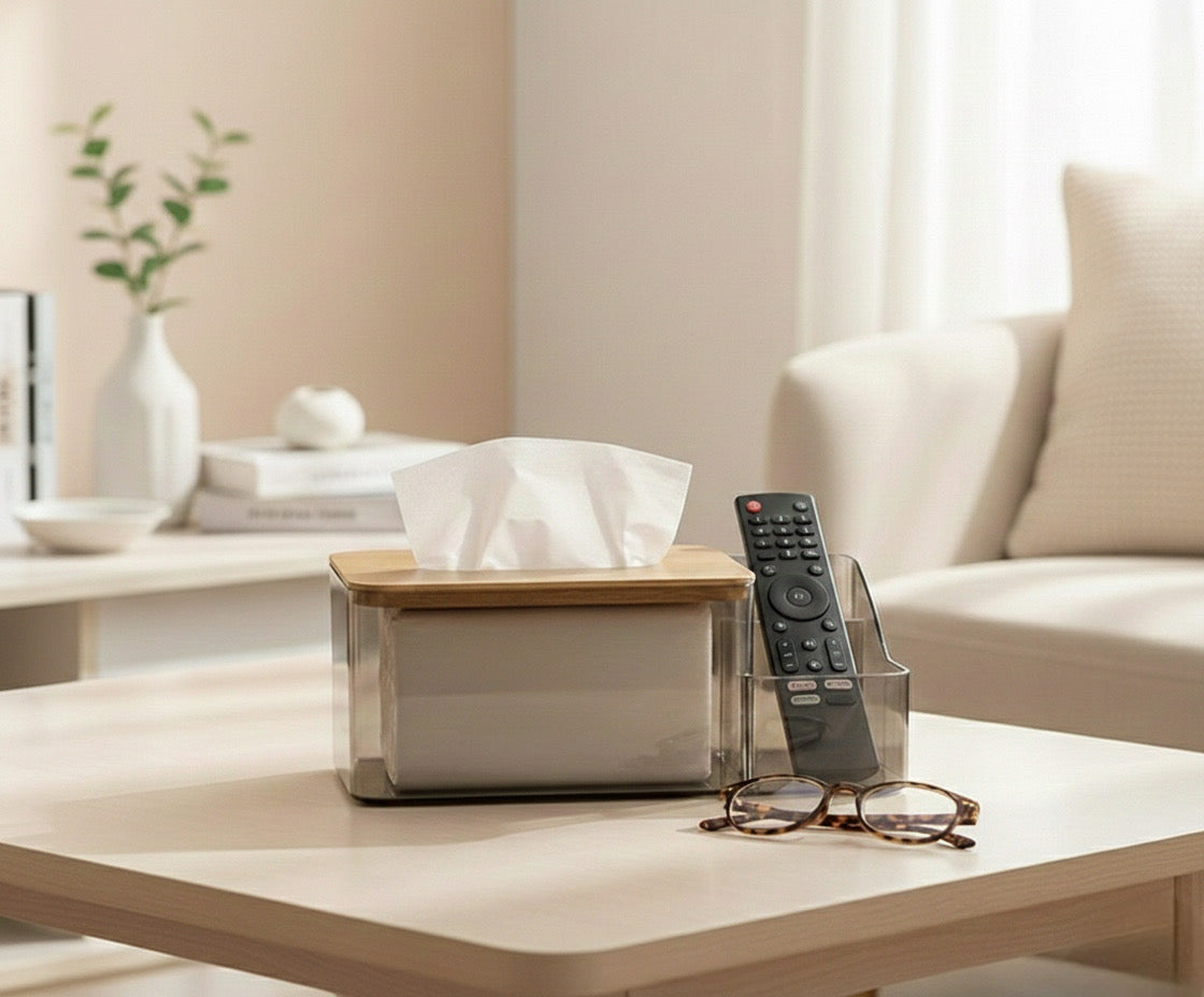 علبة مناديل وريموت أكريلك بغطاء خشب