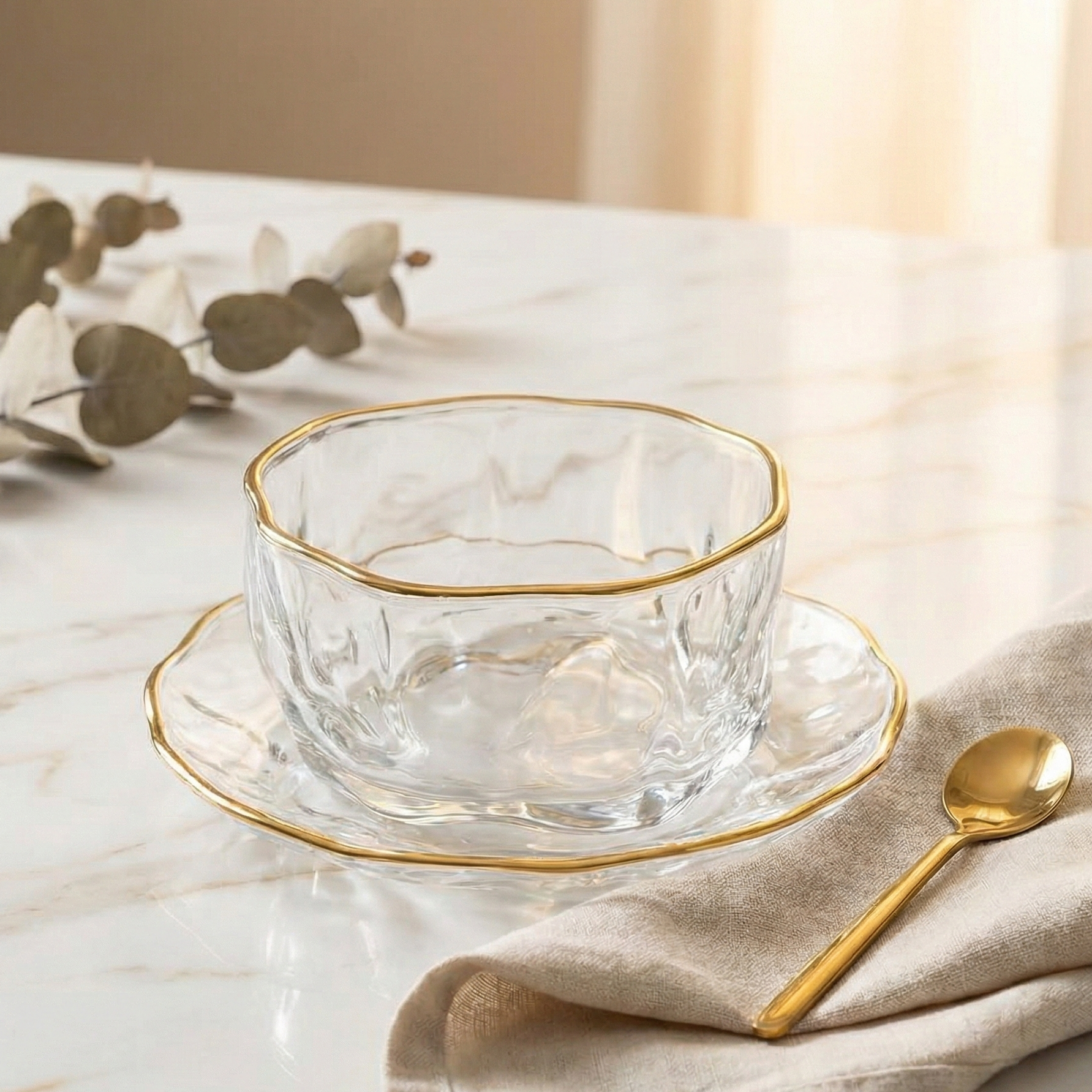 طقم خشاف زجاج مموج إطار دهبي