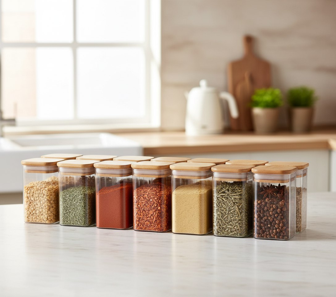 طقم توابل زجاج مربع بغطاء خشب محكم الغلق - 6 قطع