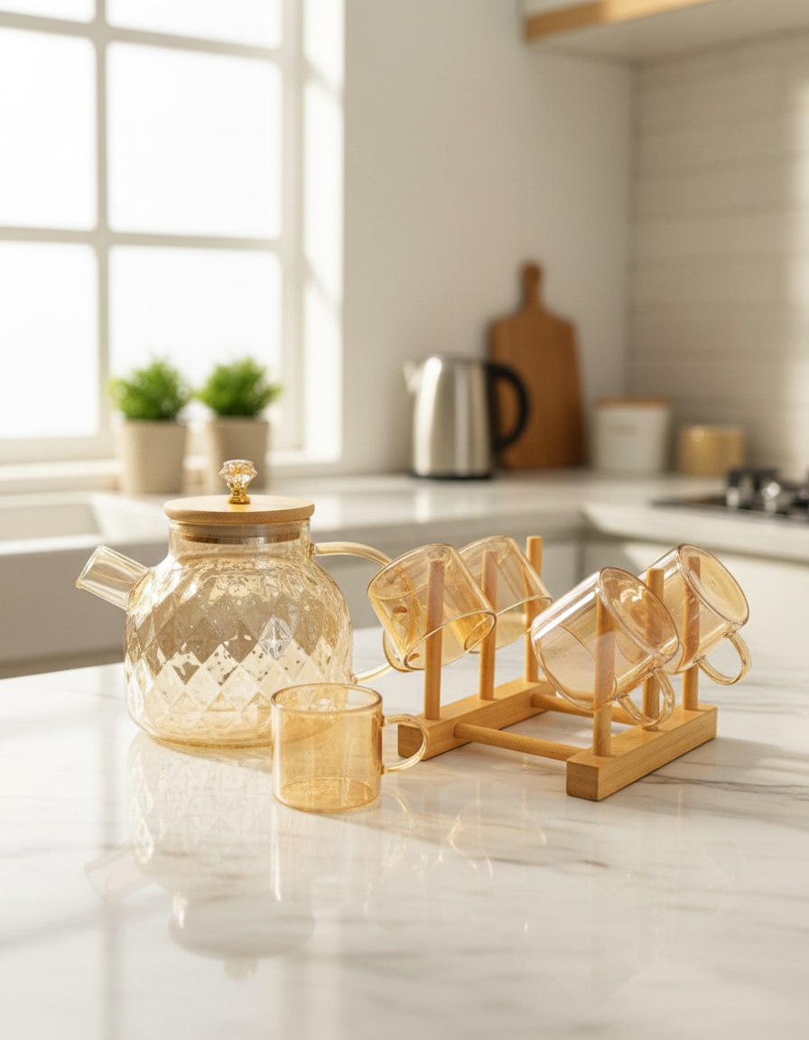 طقم شاي حراري بايركس (براد + ٦ مجات بالحامل)