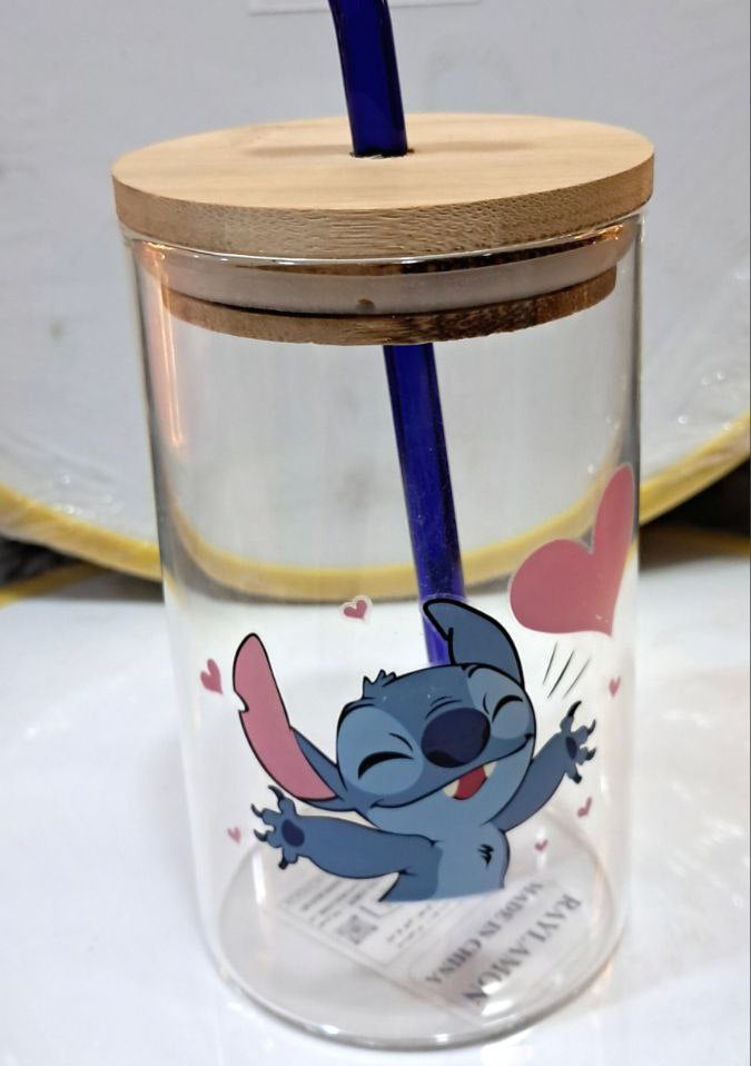 كوب ستيتش زجاجي بغطاء خشبي وشاليموه