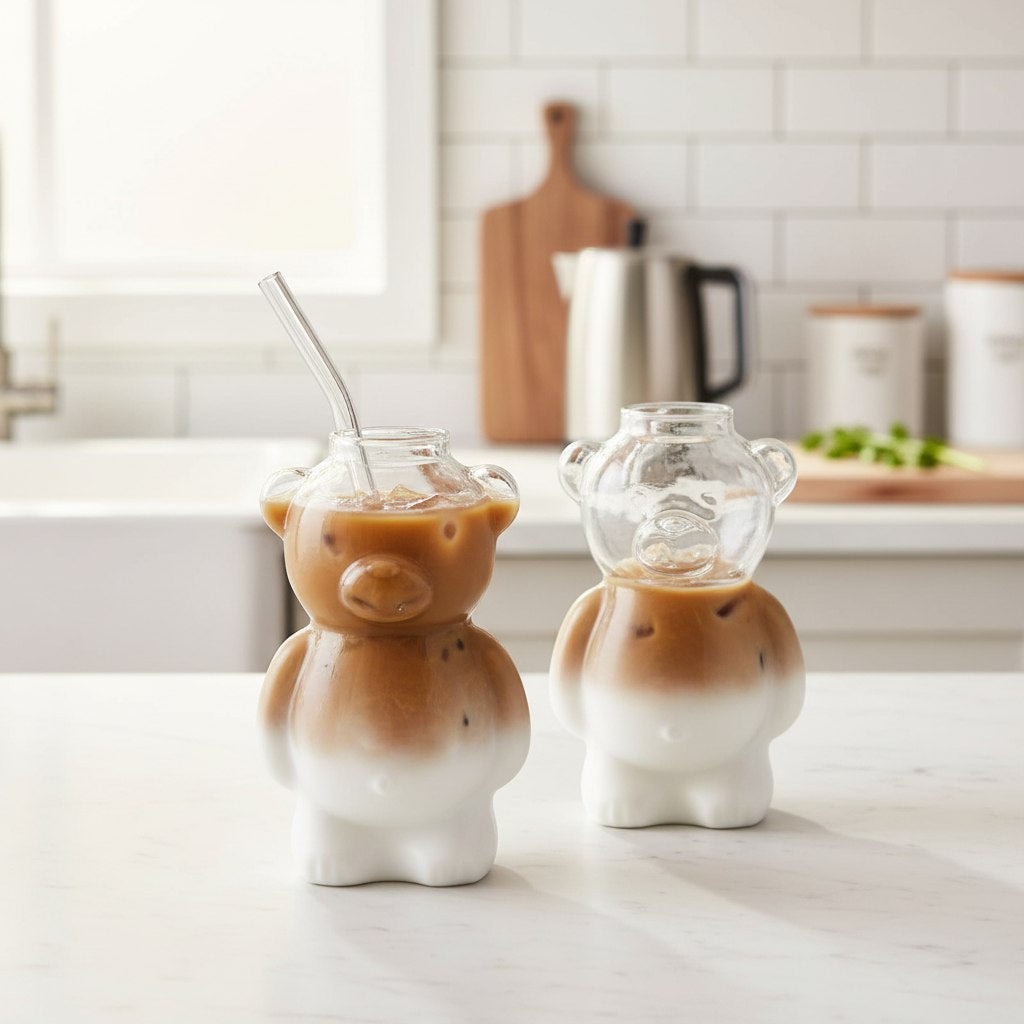 مج آيس كوفي زجاجي بتصميم دبدوب