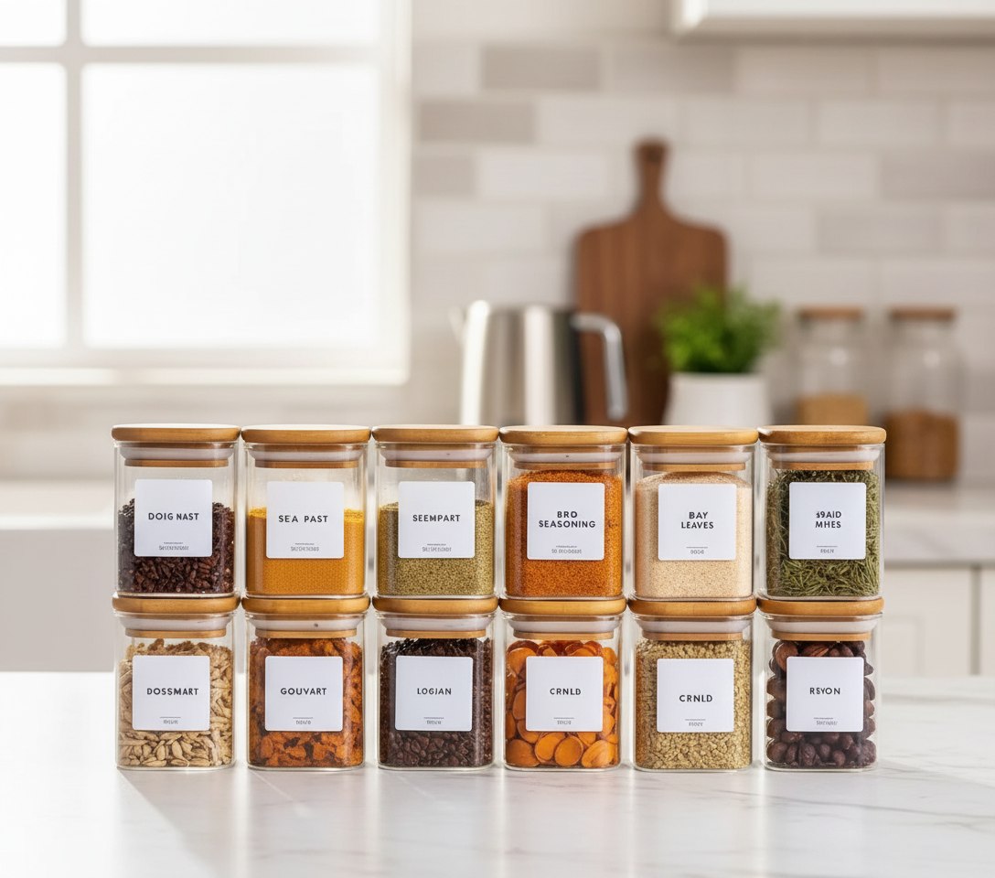 طقم توابل زجاج مربع بغطاء خشب محكم الغلق - 6 قطع