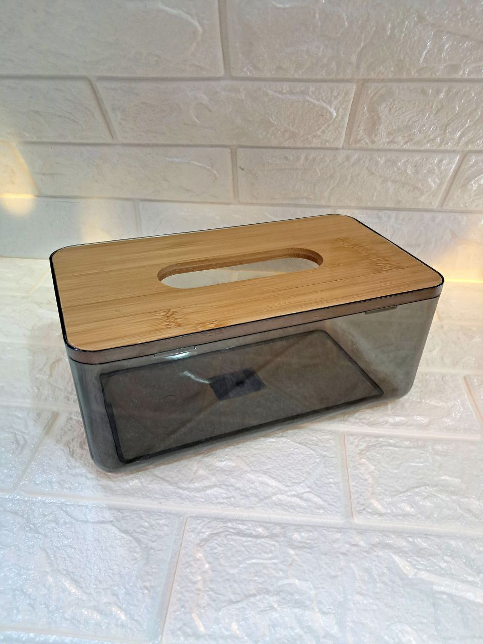 علبة مناديل اكريلك بغطاء خشب طبيعي مستوردة - حجم جامبو فاميه