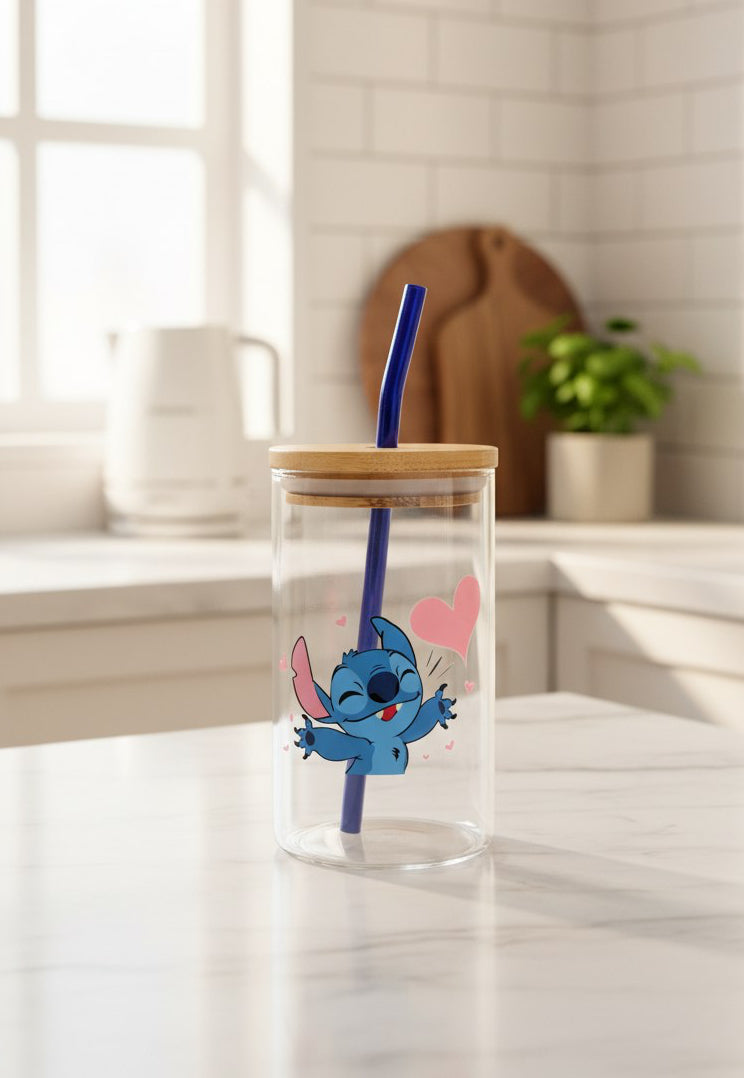 كوب ستيتش زجاجي بغطاء خشبي وشاليموه