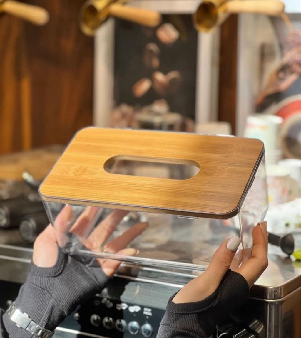 علبة مناديل أكريليك شفاف بغطاء خشبي