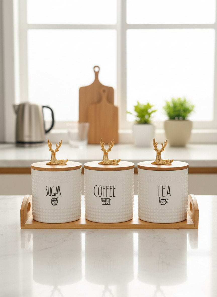 طقم برطمنات بورسلين بمقبض غزالة على حامل خشبي