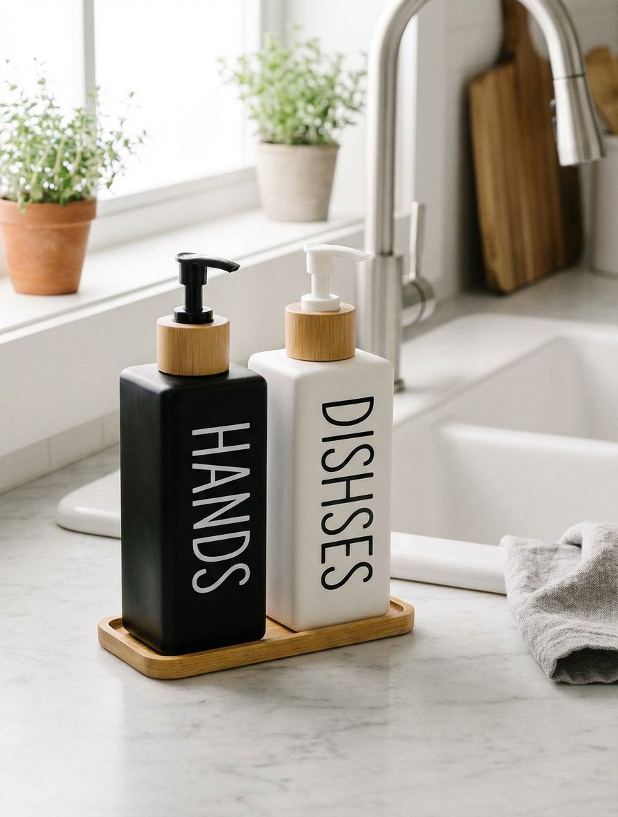 طقم دسبنسر صابون بحامل خشب مربع