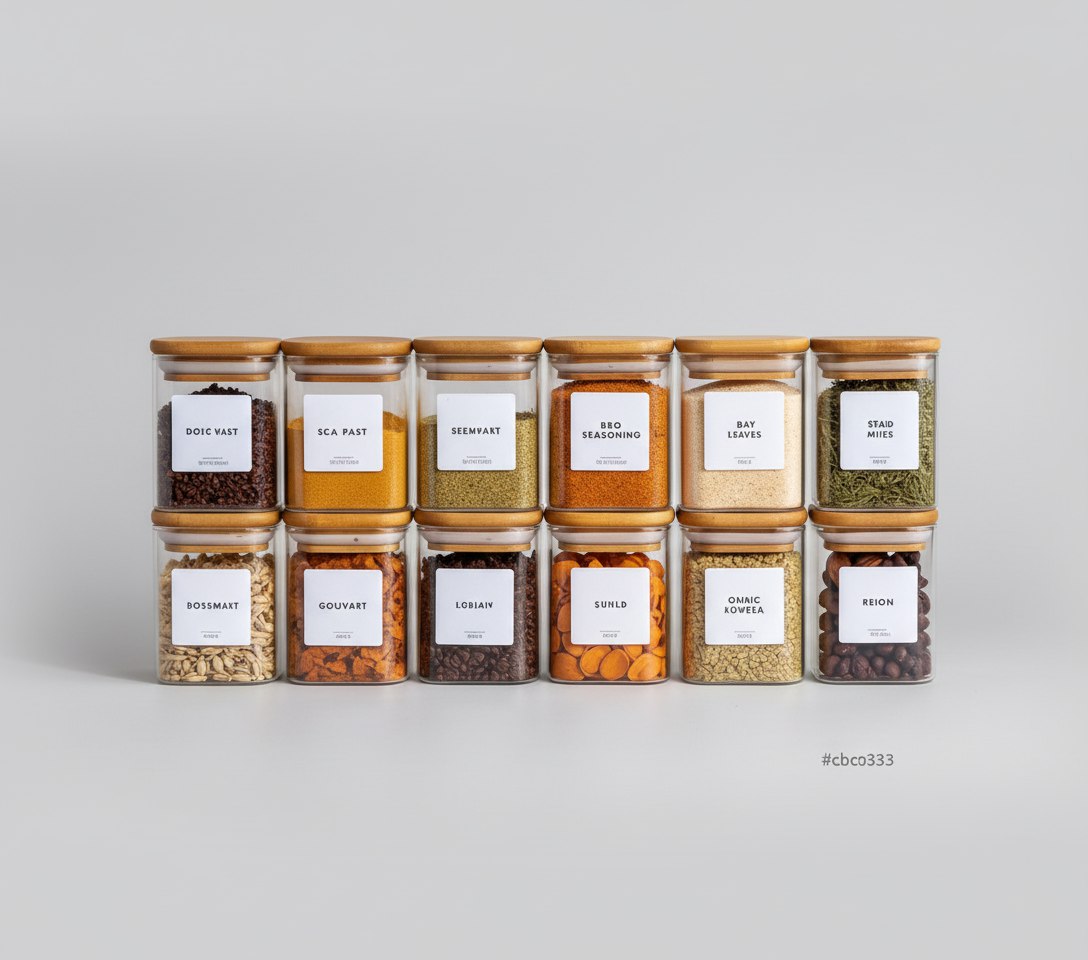 طقم توابل زجاج مربع بغطاء خشب محكم الغلق - 6 قطع