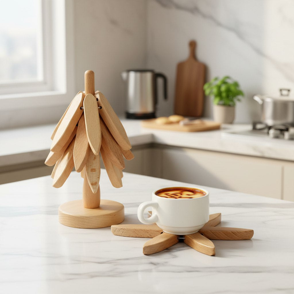 كوستر شجرة خشب - 3 قطع + حامل