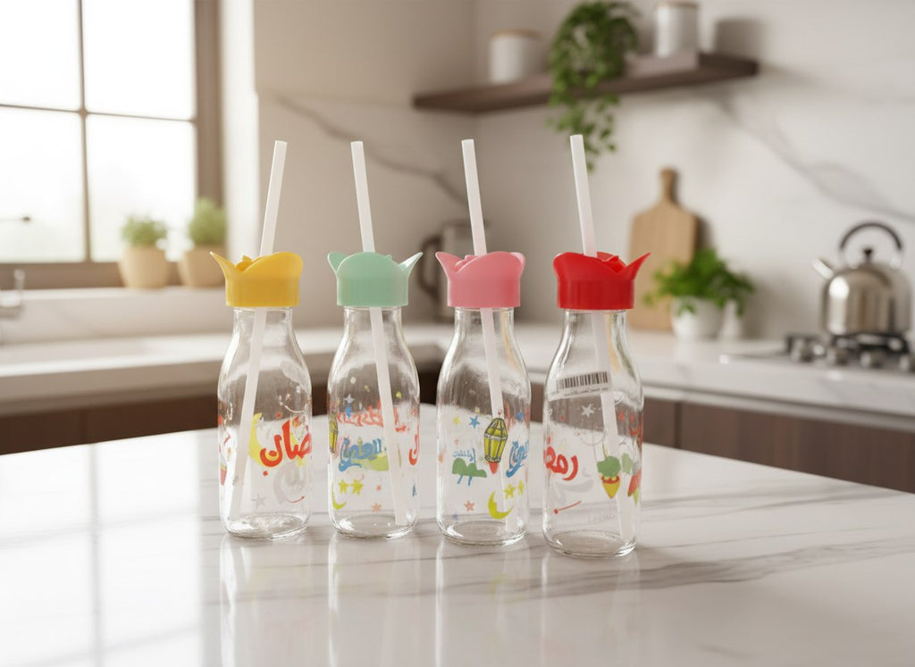 زجاجة اطفال بشاليموه برسومات رمضانية متنوعة -٤ قطع