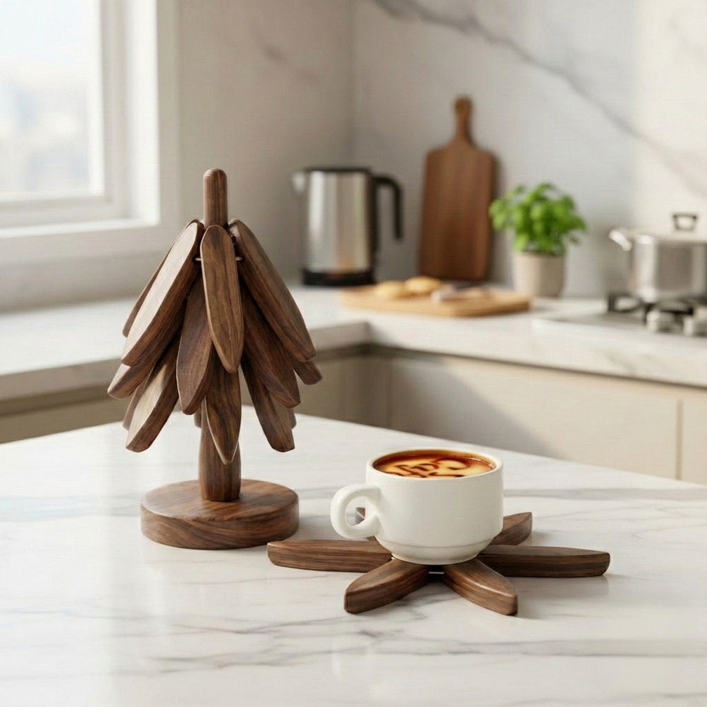 كوستر شجرة خشب - 3 قطع + حامل