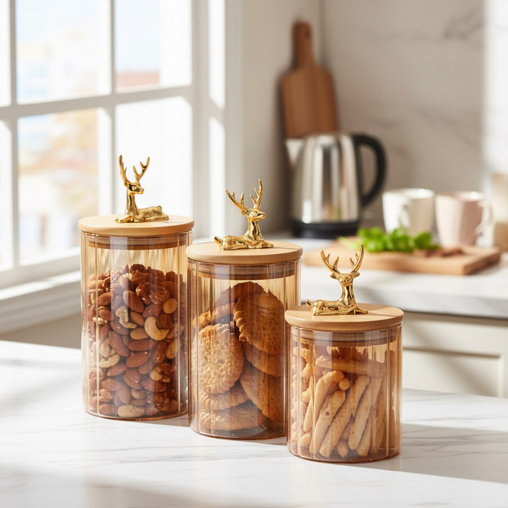 طقم برطمانات زجاج 3 قطع بغطاء خشبي ومقبض غزالة ذهبي