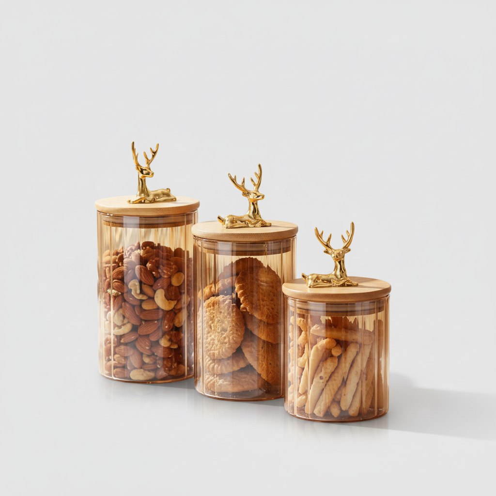 طقم برطمانات زجاج 3 قطع بغطاء خشبي ومقبض غزالة ذهبي