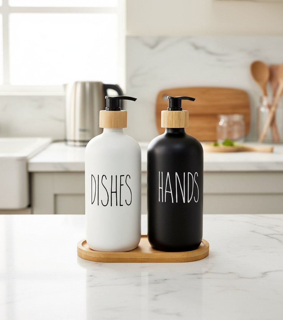 طقم دسبنسر صابون بحامل خشب