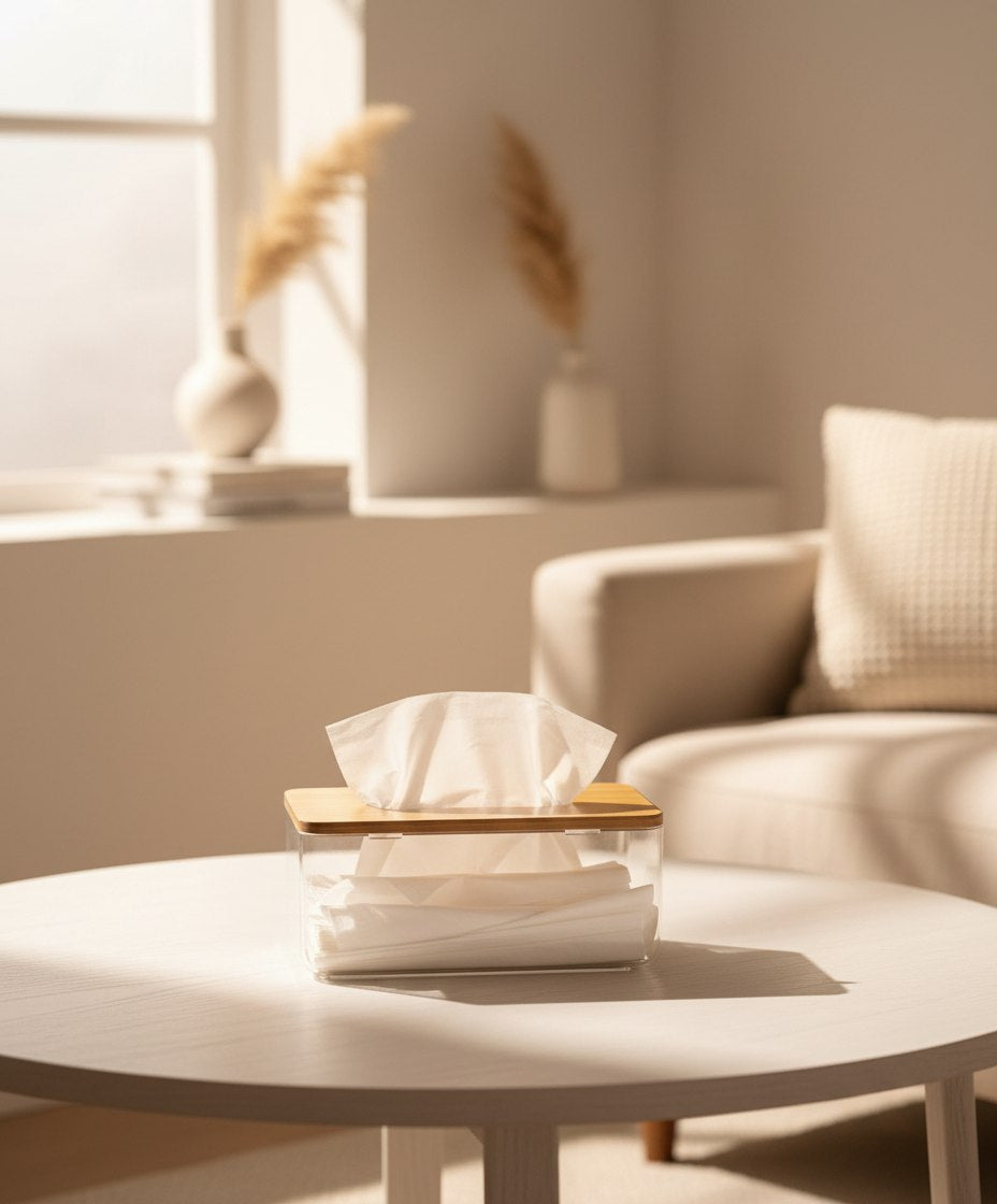 علبة مناديل أكريليك شفاف بغطاء خشبي