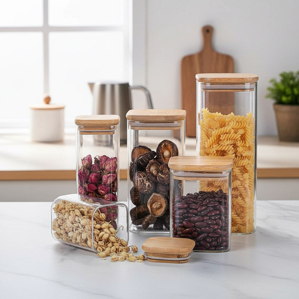 طقم توابل زجاج مربع بغطاء خشب محكم الغلق - 6 قطع