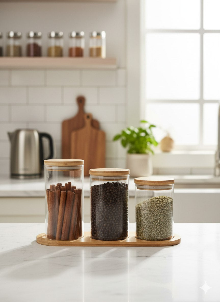 طقم برطمنات زجاج ٣ قطع مع أغطية وقاعدة خشبية