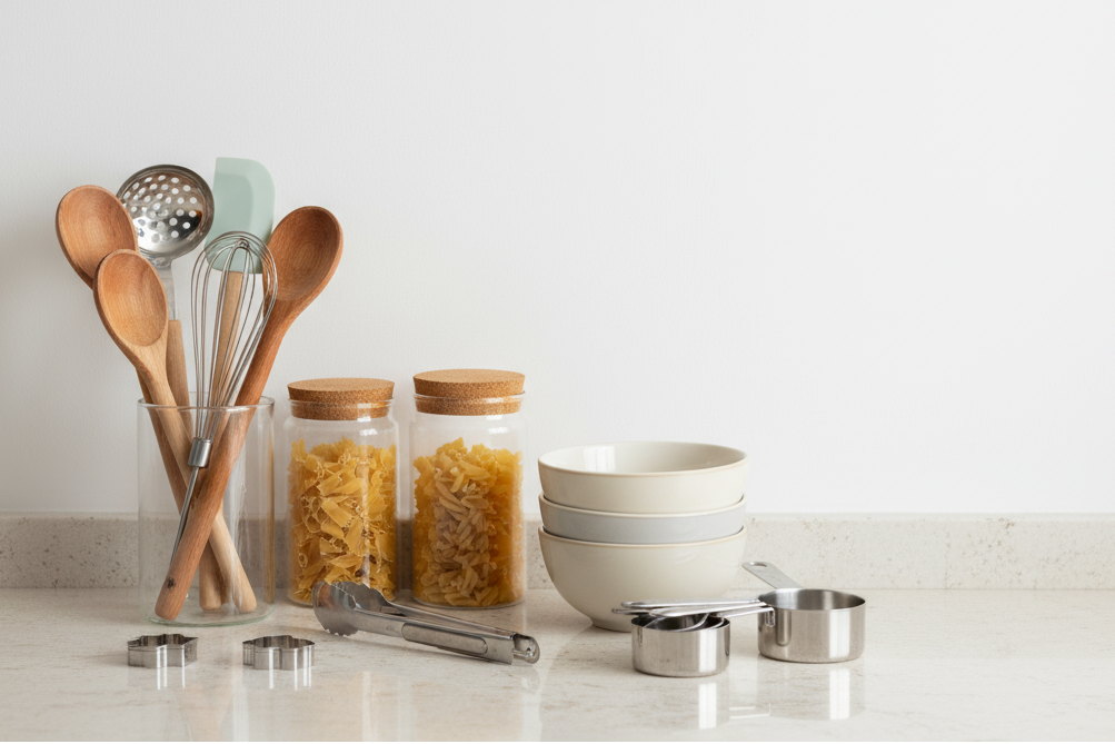create 3:4 vertical photo for kitchen tools, containers and utensils (keep the upper part empty) 