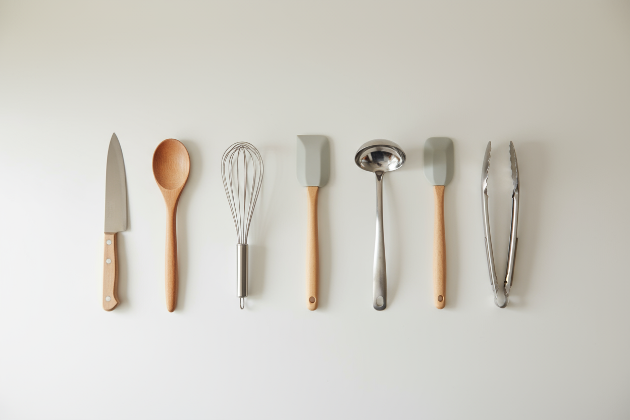 Create a realistic image of kitchen utensils and tools arranged horizontally in one straight line on a flat surface. All items should have the same length and proportion, evenly spaced, with a clean neutral background and soft natural lighting. No text or shadows. the dimentions of the picture must applied as a hero image for the website with medium hight