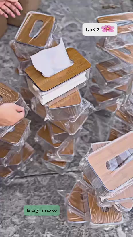 علبة مناديل أكريليك شفاف بغطاء خشبي