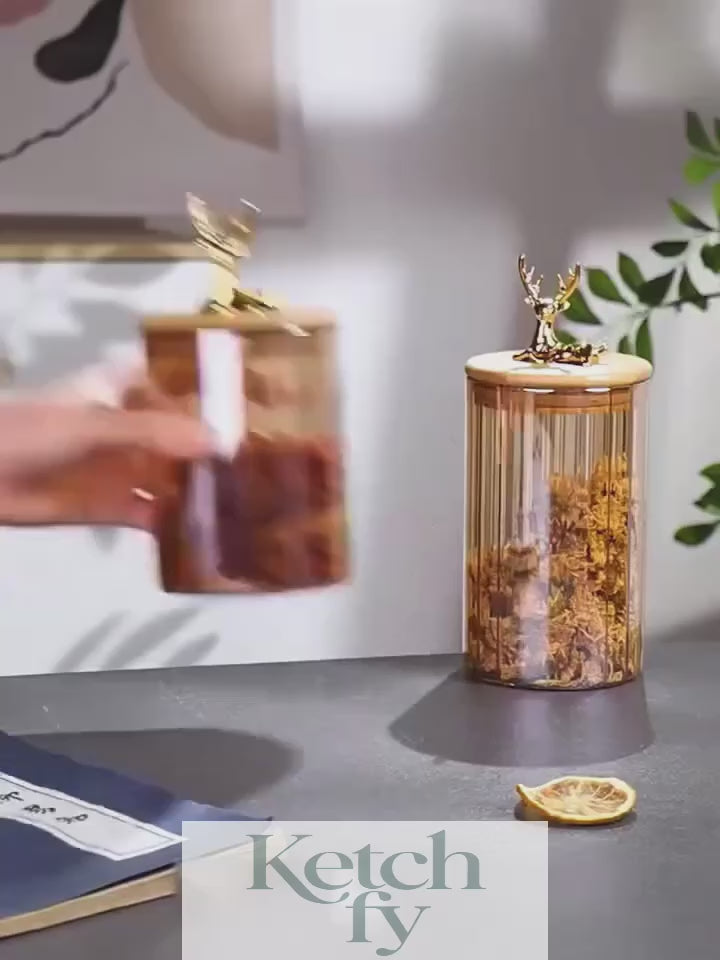 طقم برطمانات زجاج 3 قطع بغطاء خشبي ومقبض غزالة ذهبي